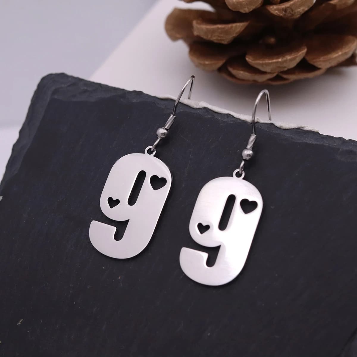 Kinitial Stainless Steel Lucky Number 9 Heart Pendant Dangle Earring Fashion Piercing Jewelry Birthday Anniversary Gift