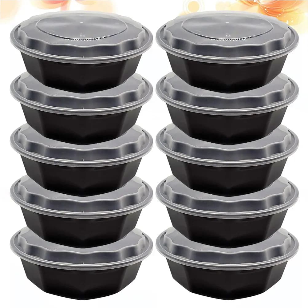 Set di 10 Contenitori Bento Impilabili da 2000ml, Portatili e Sicuri per Lavoro, Scuola e Asporto, Contenitori Neri per Preparazione Pasti