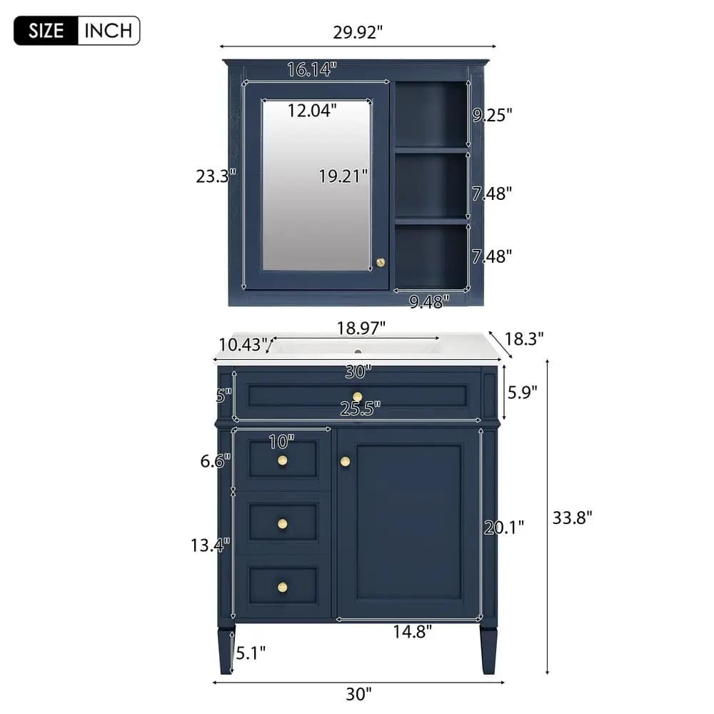 Mobile Bagno da 30 Pollici con Lavabo, Mobile Bagno Moderno con Armadietto Contenitore e Specchio e Armadietto Portamedicinali Abbinati, in Legno Massello