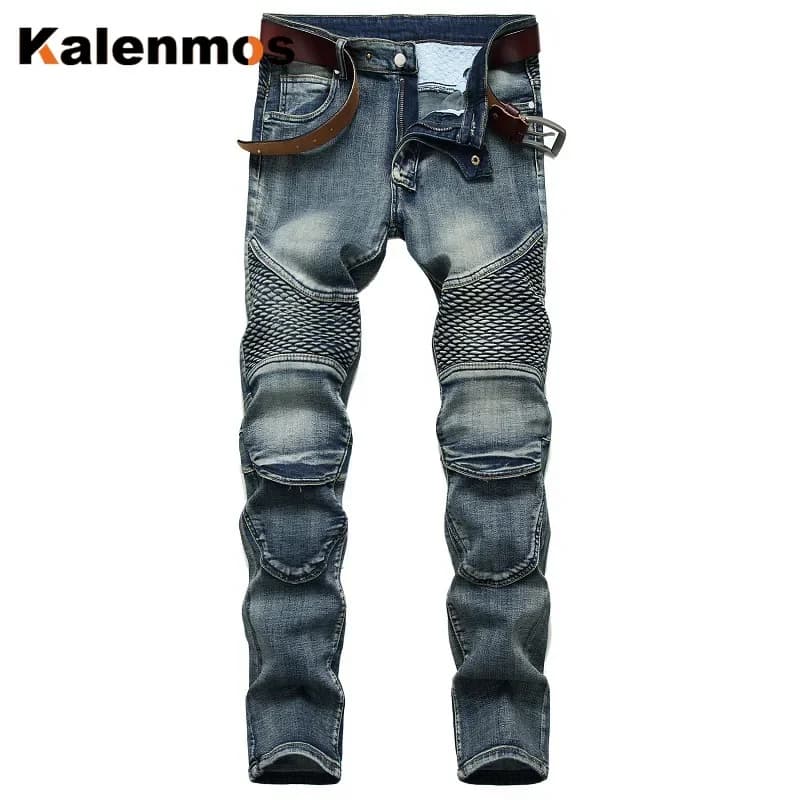 Jeans da uomo impiombati Skinny Moto Biker tasche Hip Hop Solid Zipper Fly pantaloni piatti alla caviglia Denim lavato 2024 estate