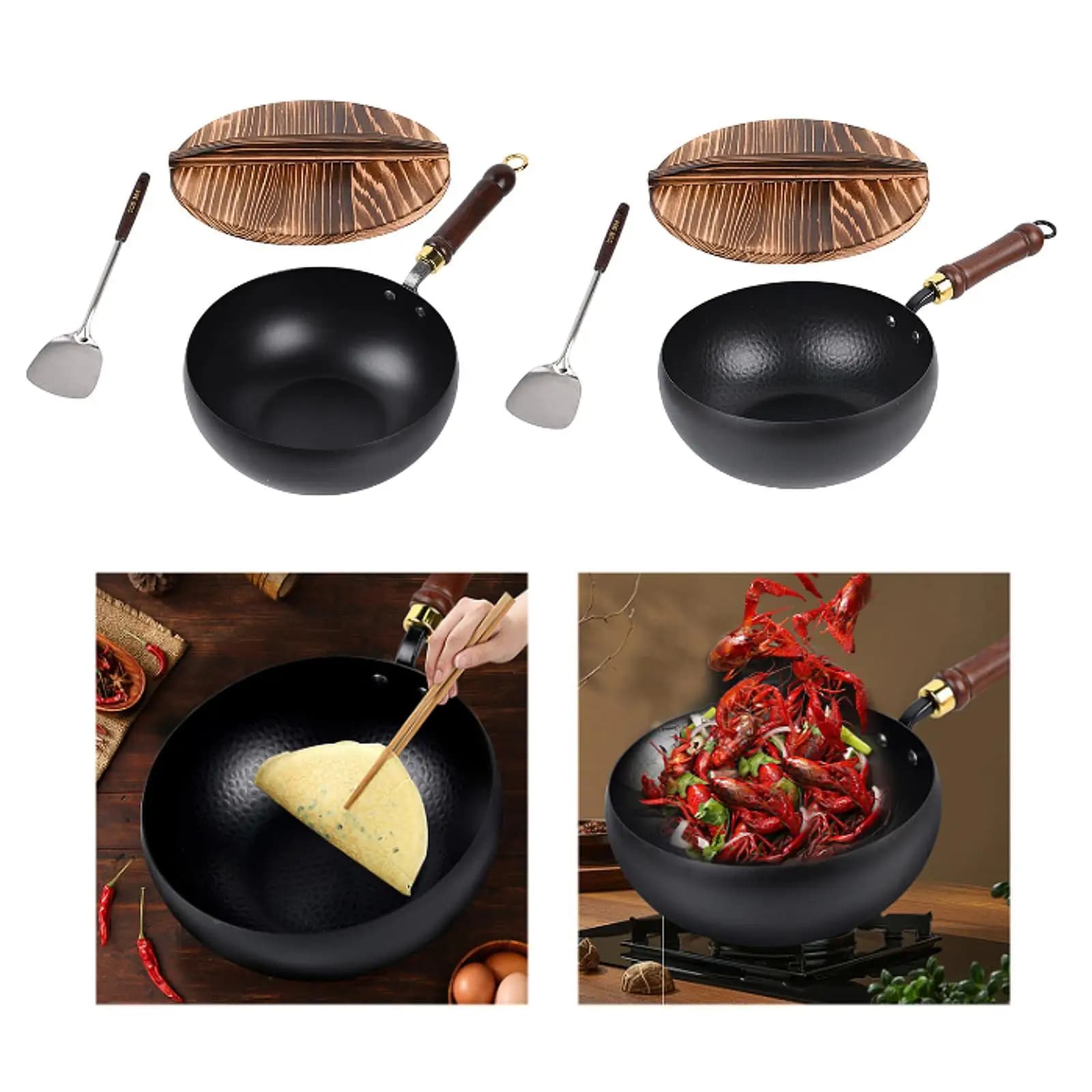 9.45 inch Wok pan without coating, with wooden handle, for induction cooking, frying pan, kitchen tool for camping, hotel, house, restaurant