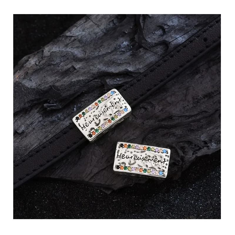 Bracciale Premium con Cinturino Nero, Accessori Quadrati con Zirconi Colorati Incastonati di Diamanti, Bracciale in Pelle di Vitello Raffinato ed Elegante