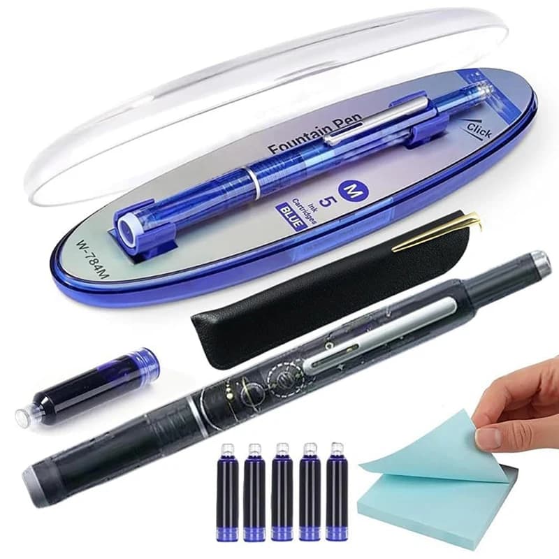 1SET Press Fountain Pen Retractable 0.38mm Ink Nib Transparent Barrel For Calligraphy Includes 5 Refillable Ink Cartridges