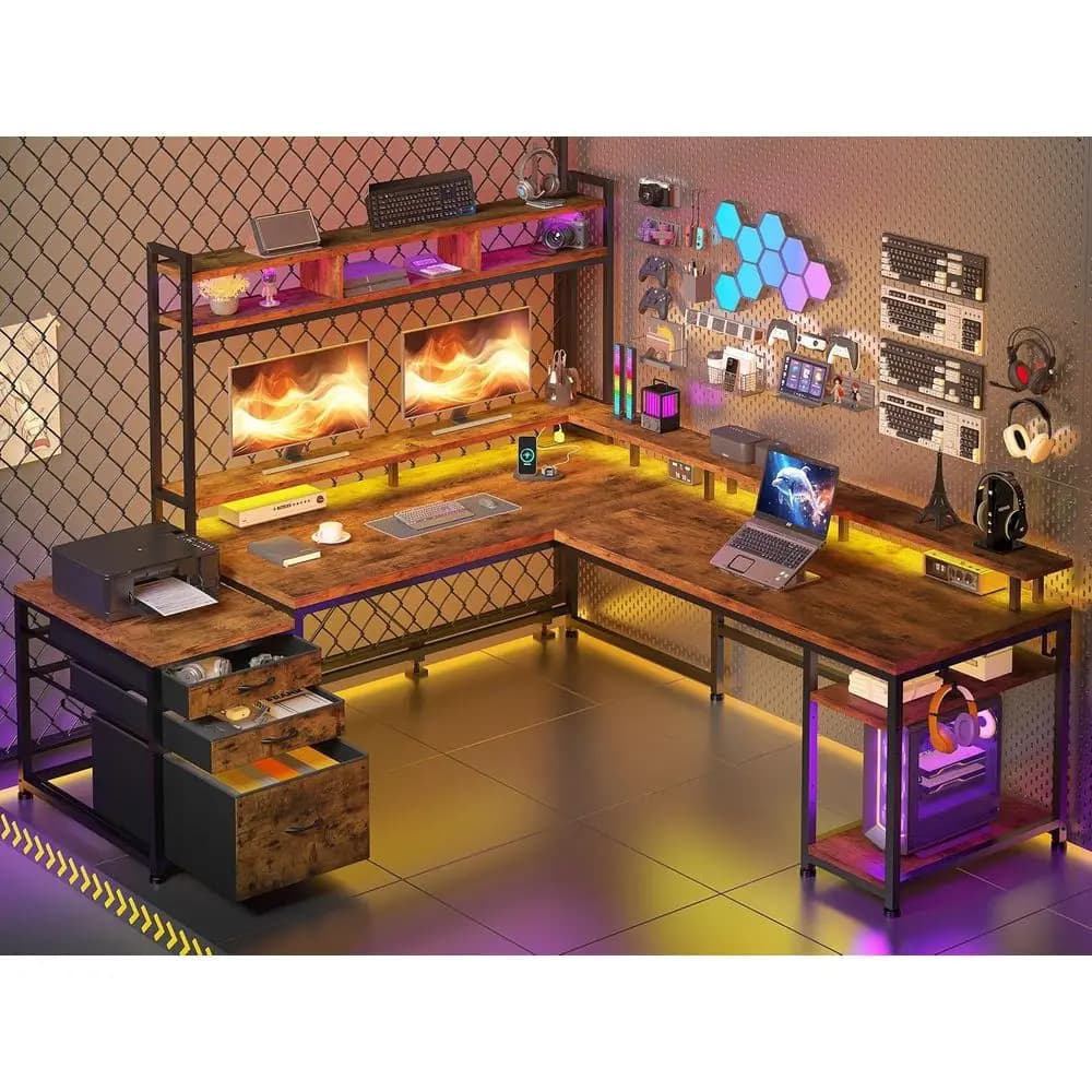 L 64x60 Desk with Superior Mobile, Support for Double Monitor, Current and LED Lights for Home Office or Stay in Brown