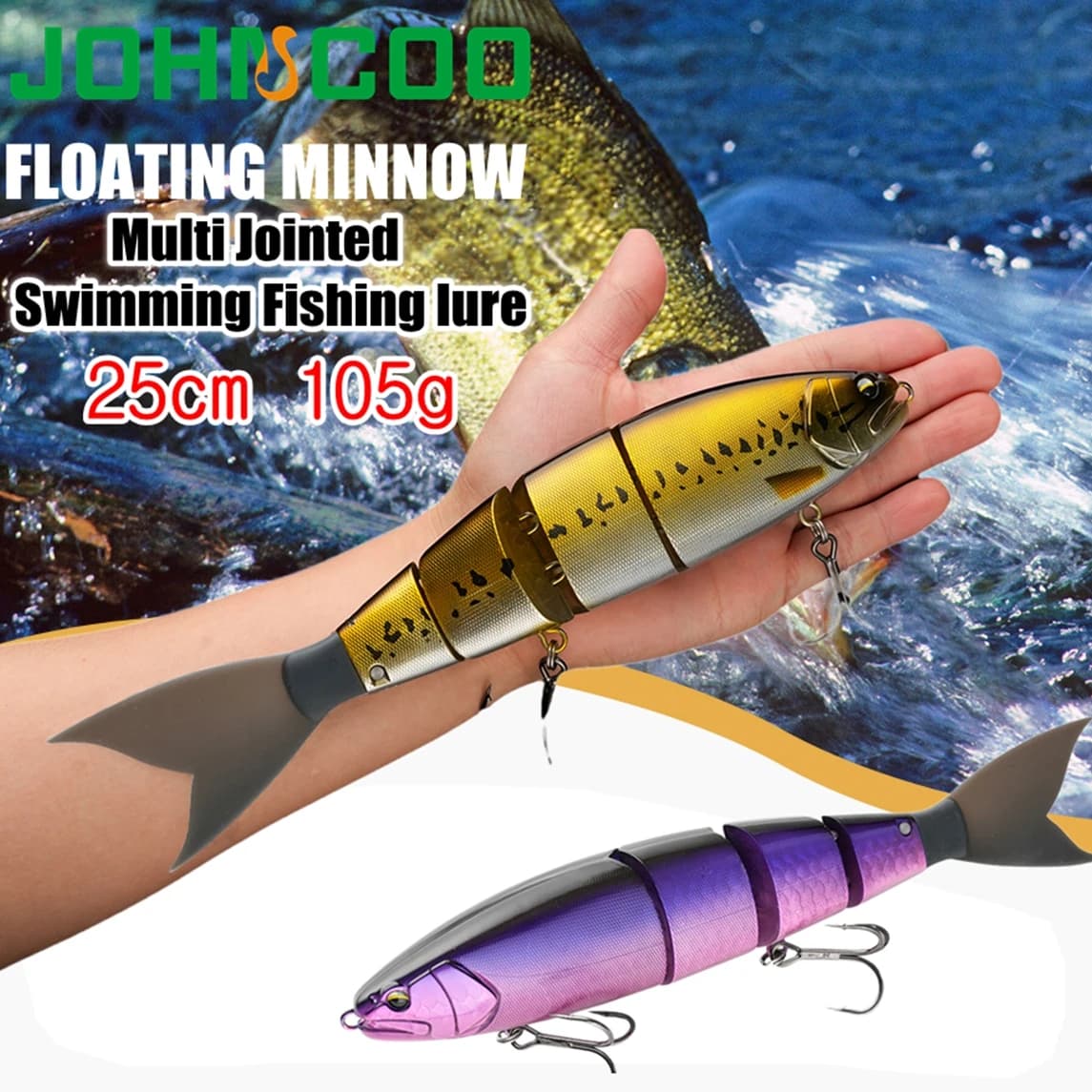 Johncoo Richiamo di pesca snodato 25 cm 105 g Predators Esca 4 sezioni Richiamo galleggiante Wobblers Nuoto Richiamo di pesca