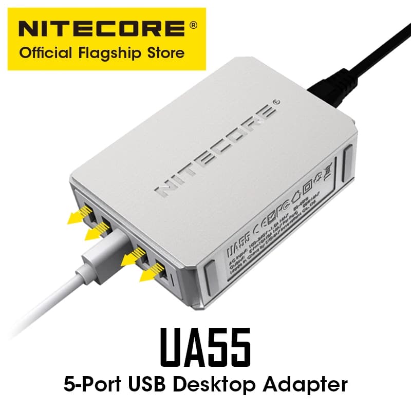 NITECORE UA55 adattatore di ricarica USB multiporta 50W ricarica a digiuno USB ad alta velocità per Tablet telefono 5 dispositivi, cavo di alimentazione ca