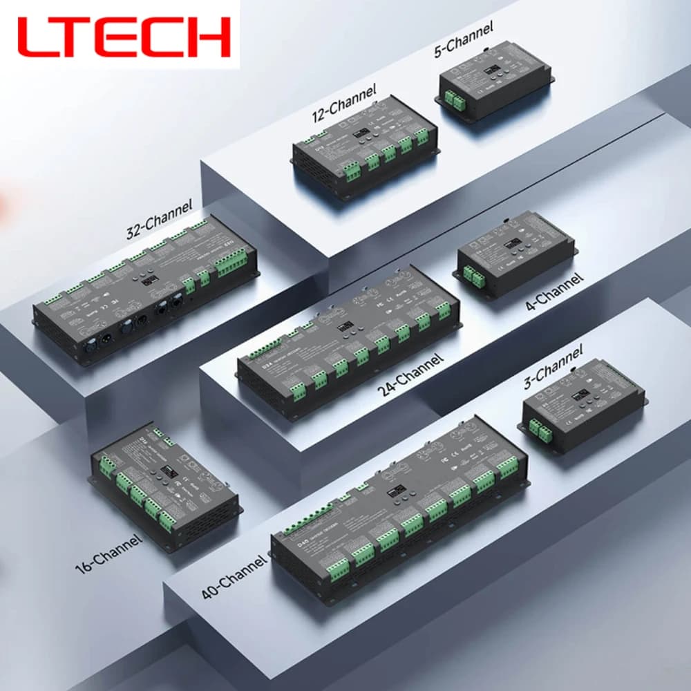 LTECH DMX512 Decoder With OLED display 8bit 16bit 3-pin XLR 5-pin XLR RJ45 Green Terminal DMX interfaces Max 40 channels 2880W