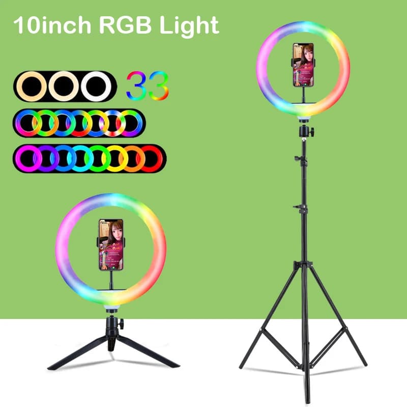 10 pollici 26cm RGB Ring Light treppiede LED lampada rotonda Selfie Stick treppiede con supporto RGB 15 colori luce Video per Youtube