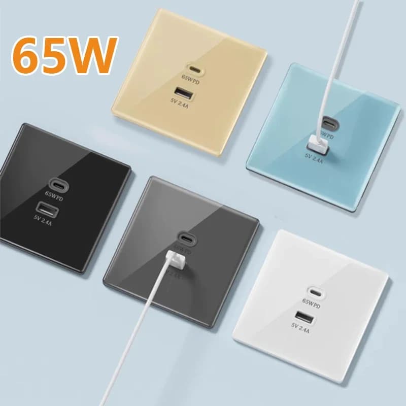 Universal USB C wall socket with 2 ports 30W 65W with super fast charging, grey smart charging socket 2.4A USB Adapter 220V socket