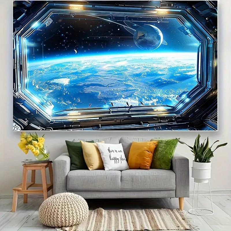 Space Station Earth View Tapestry: Galactic PerspectiveWall decoration background cloth, bedroom room home decoration