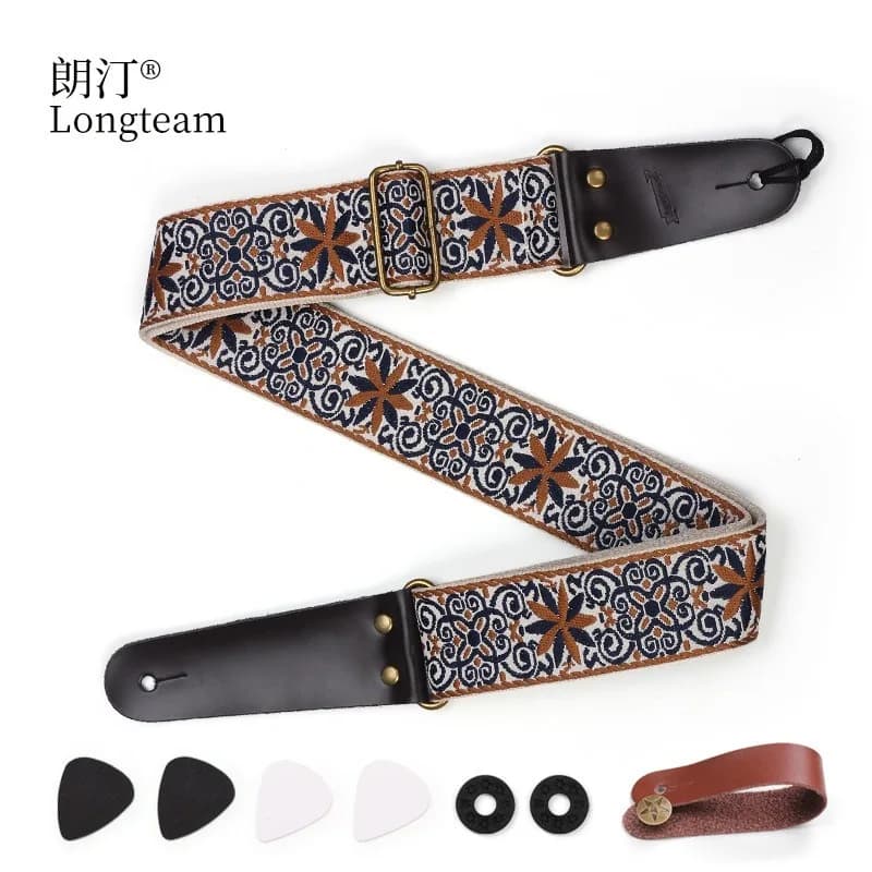 Embroidered Guitar Strap, Electric Guitar Simple Folk Acoustic Guitar Strap, Strap with Picks, Anti-slip Buckle Accessories
