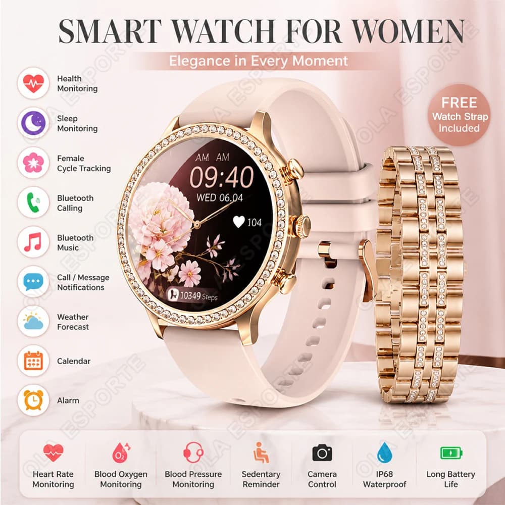 Elegant Ladies' Smartwatch Bluetooth Call Information Reminder Sleep Health Monitor Pedometer Waterproof Women Smart Watch HW12