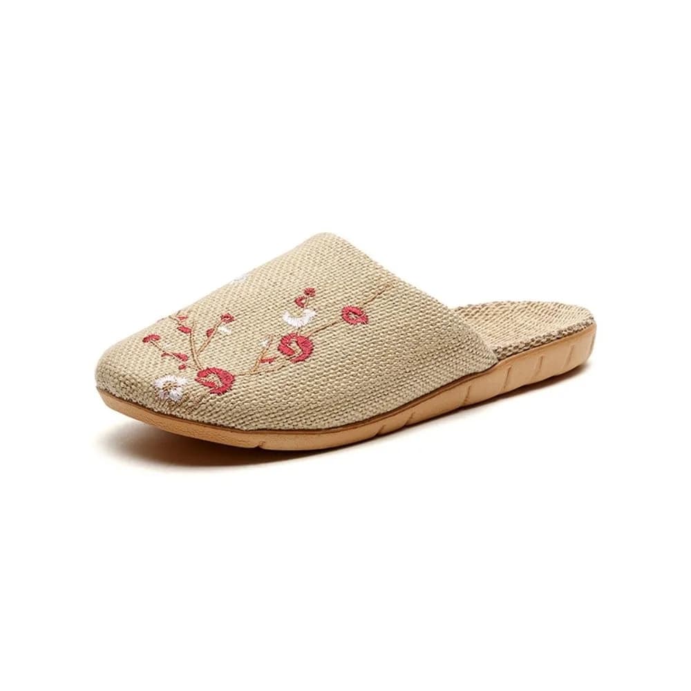 Pantofole da Interno in Lino con Ricamo Floreale, Antiscivolo, Suola Morbida, Motivo Fiori di Prugna, per Uomo e Donna