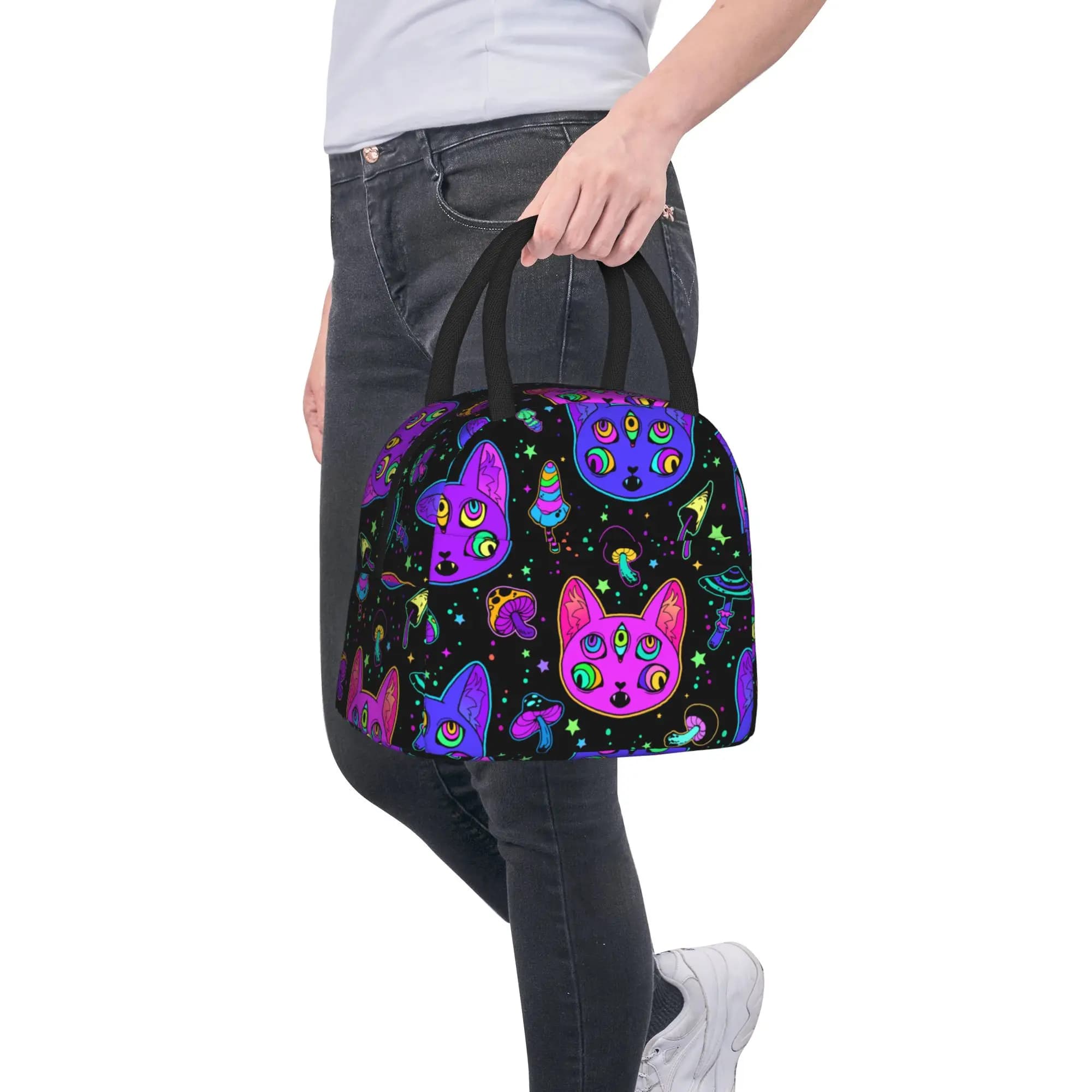 Borsa termica per il pranzo Psychedelic Cat, borsa termica riutilizzabile, grande borsa per il pranzo, custodia per bento, da spiaggia, per esterni