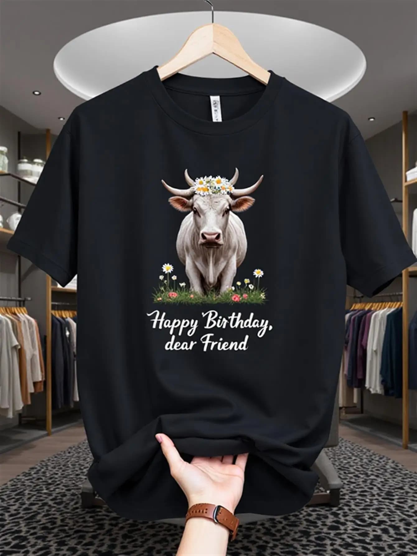 T-shirt nera a maniche corte con stampa mucca e scritta Happy Birthday | Abbigliamento Casual, Stile Streetwear, Carino e Unisex Oversize