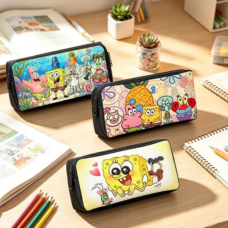SpongeBobs Pencil Case Cute Anime Cartoon Figure Pen Pouch Stationery Storage Zipper Bags Student School Supplies Gift Hot Sales