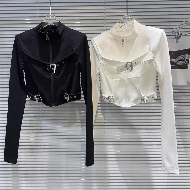 Fashion Super-short High-waist Jacket Women's Stand-up Collar Long Sleeve Coat Spring Summer Streetwear Slim Waist-exposure Tops