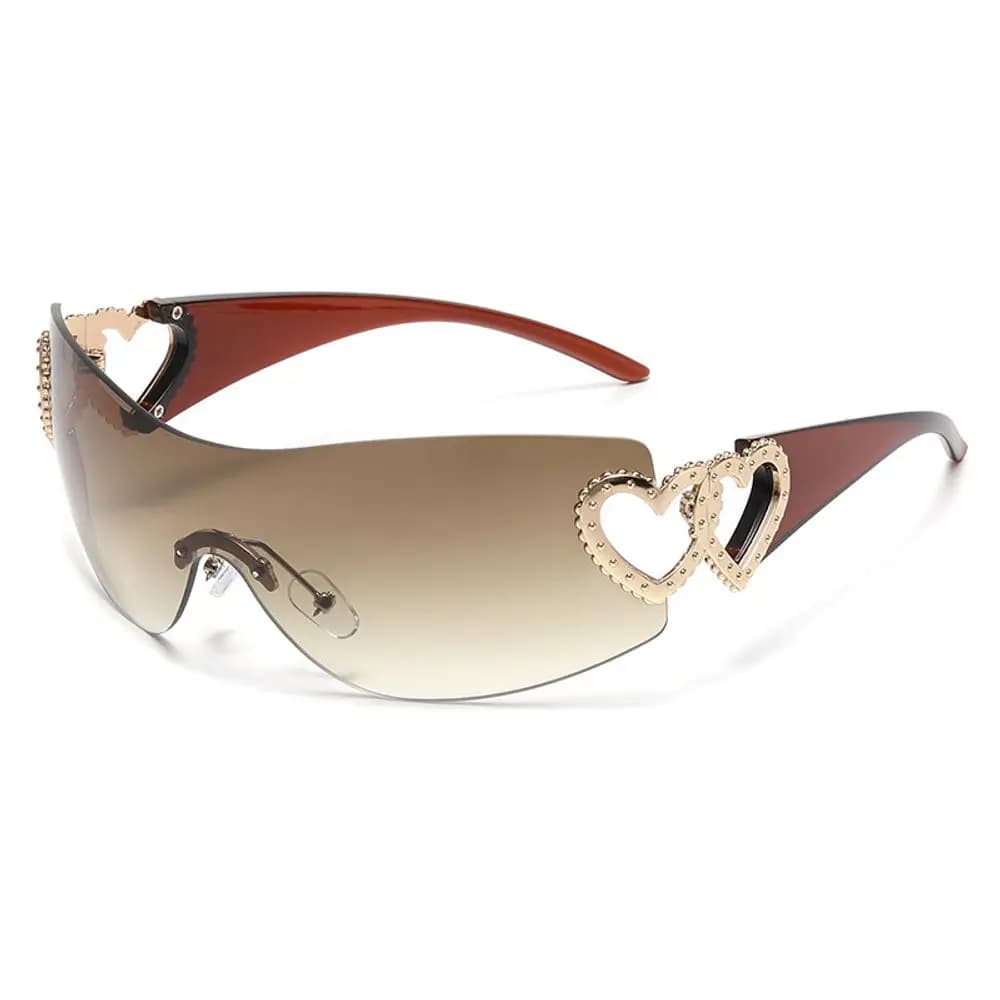 Rimless Heart Curved Sunglasses, Brown Temples With Gradient Tea Tint Lenses For Daily Casual Sun Protection