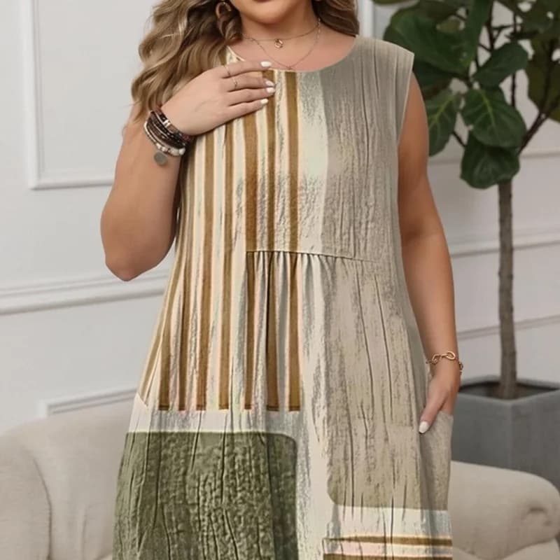 Abito Estivo Senza Maniche da Donna Taglie Forti, Stampa Artistica con Motivo Geometrico Astratto, Vestito Avvolgente con Tasche, Chic Vestidos 2026