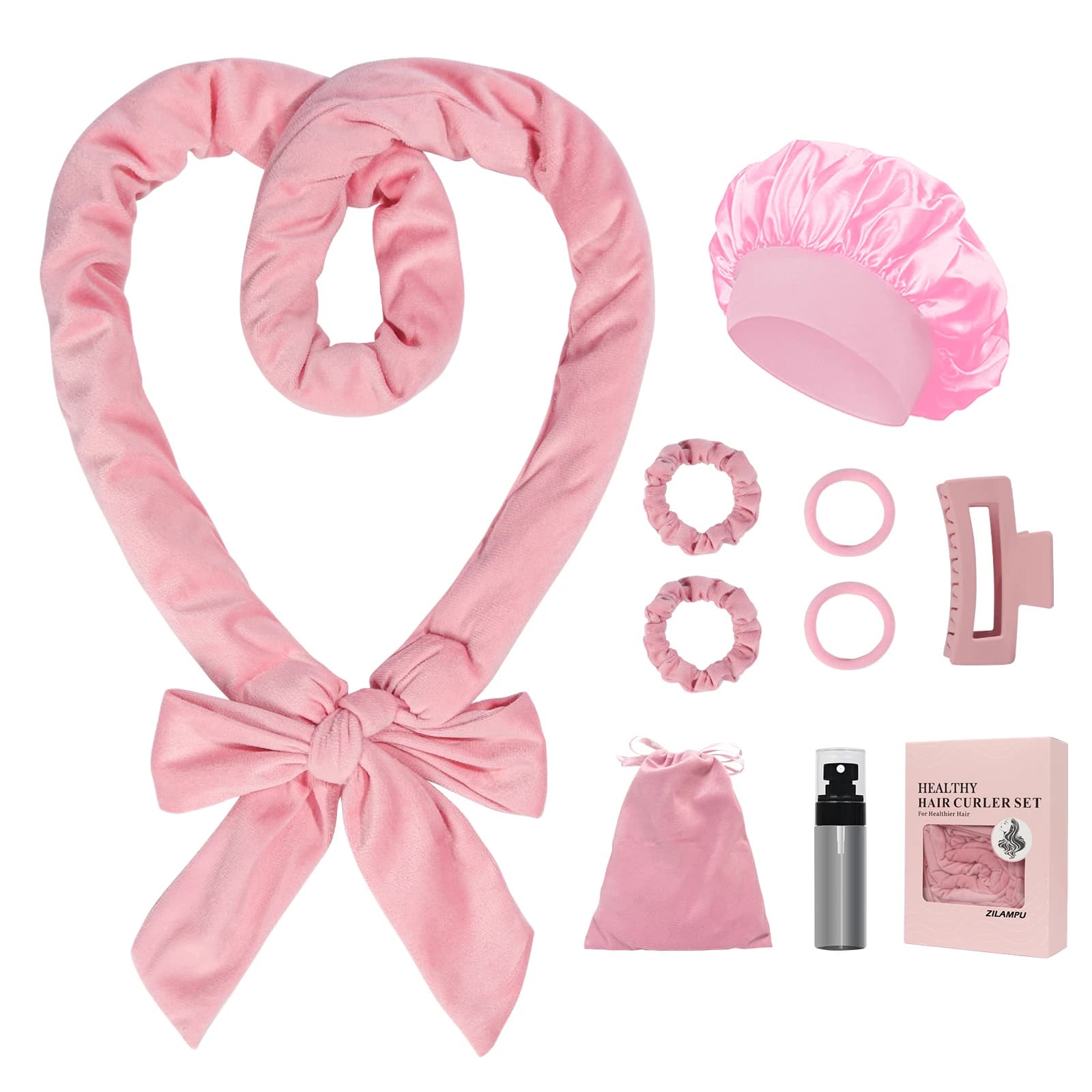 Night hair curling headband without heat, 70 inch soft wavy hair curlers for long hair, gift set for 9 pieces curling rods - Pink