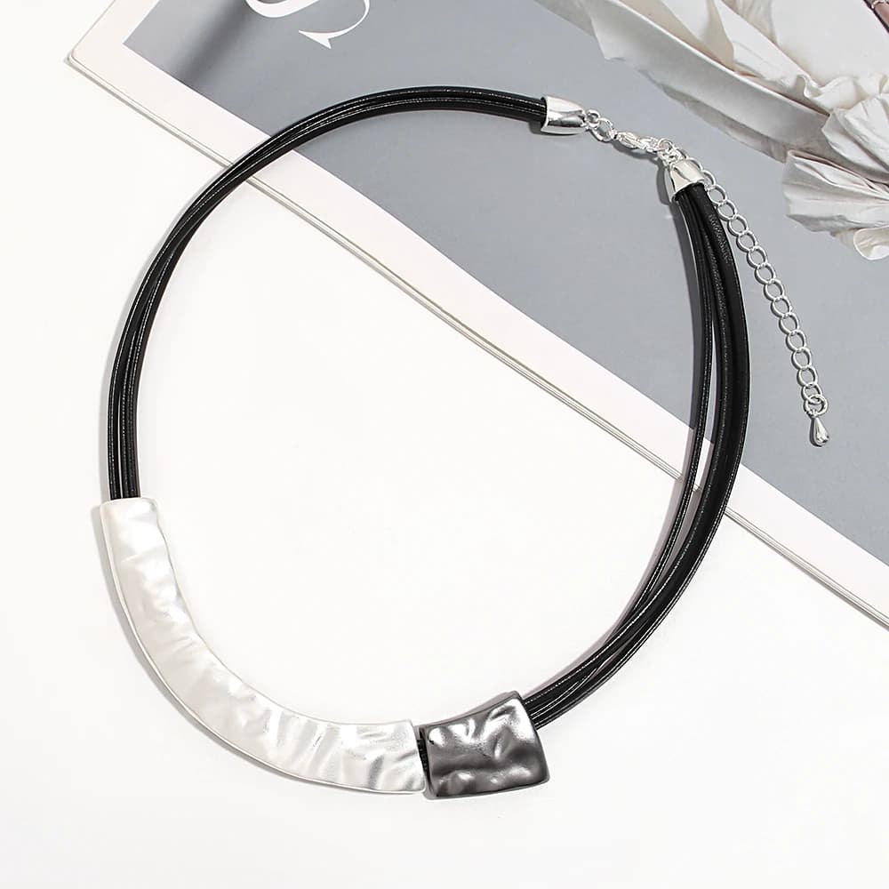 Amorcome Minimalist Metal Tube Multilayer Short Necklace for Women Black Leather Rope Necklace Daily Wear Neck Jewelry Gift