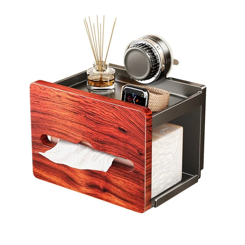 Wall Mount Suction Cup Tissue Box Wood Grain NoDrill Bathroom Toilet Paper Holder with Storage Shelf Waterproof Tissue Dispenser