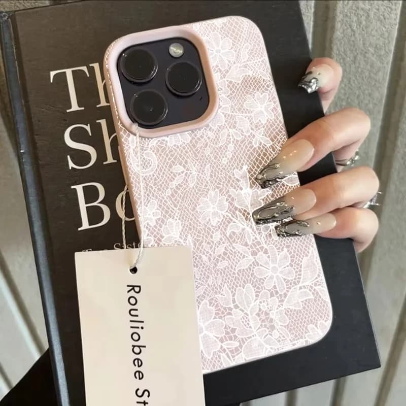 Pink White Lace Flower Phone Case For iPhone 15 14 Pro Max 16 17 13 12 11 Floral Lace Texture Anti-fall Ladies Trendy Coque