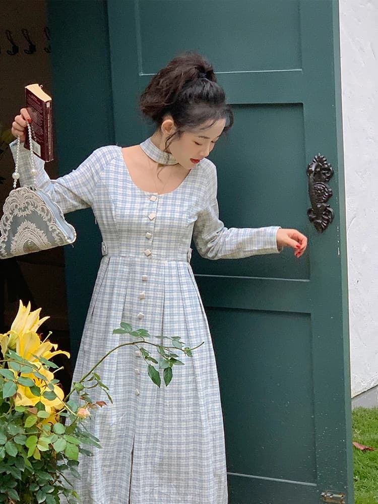 Chic Vintage Chinese Style Women's Long Sleeve Slim Fit Dress Blue Plaid Square Collar Gown Cotton A-Line Skirt Daily Wear