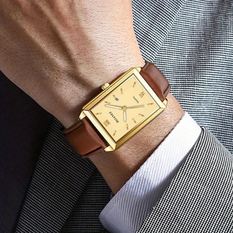Men's Watches in Casual Leather, Simple Square Quartz Watch with Calendar, New Fashion Men's Watch for Business, Gift, Relojes De Hombre