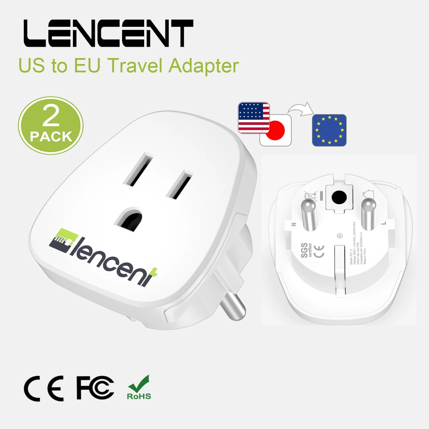 LENCENT 2 PCS adattatore da viaggio usa a ue Schuko caricatore adattatore per presa da viaggio europeo per stati uniti in europa ue tedesco francese