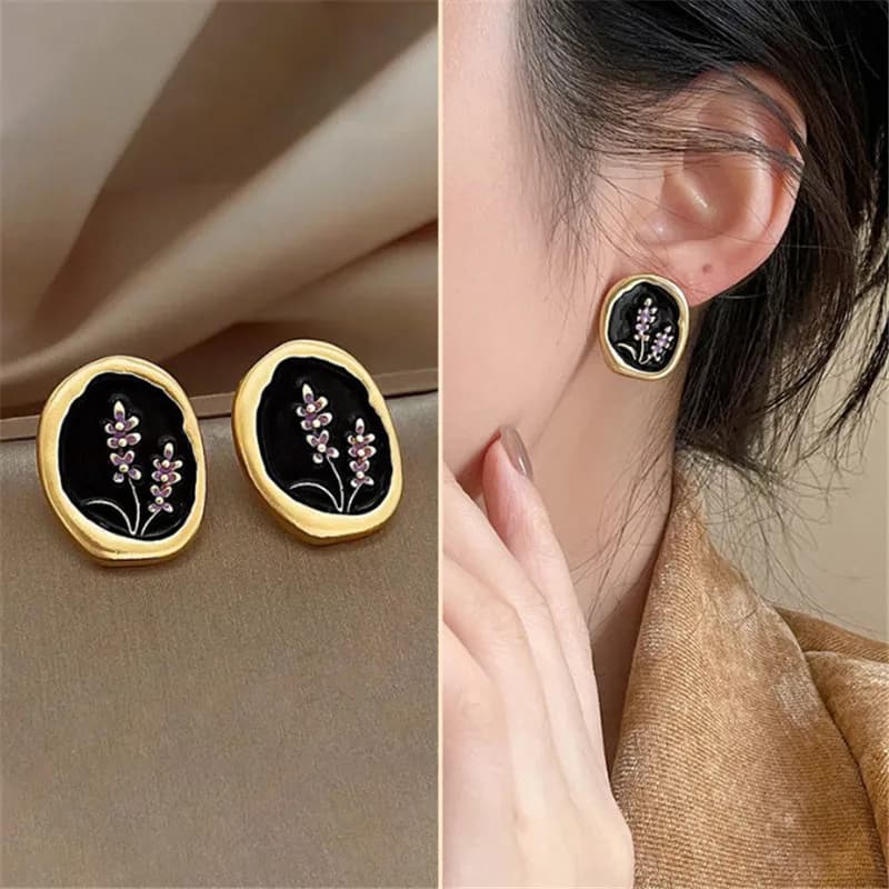 New French Vintage Enamel Dripping Oil Plant Irregular Lavender Ear Studs Earrings for Women Trendy Flowers Earrings