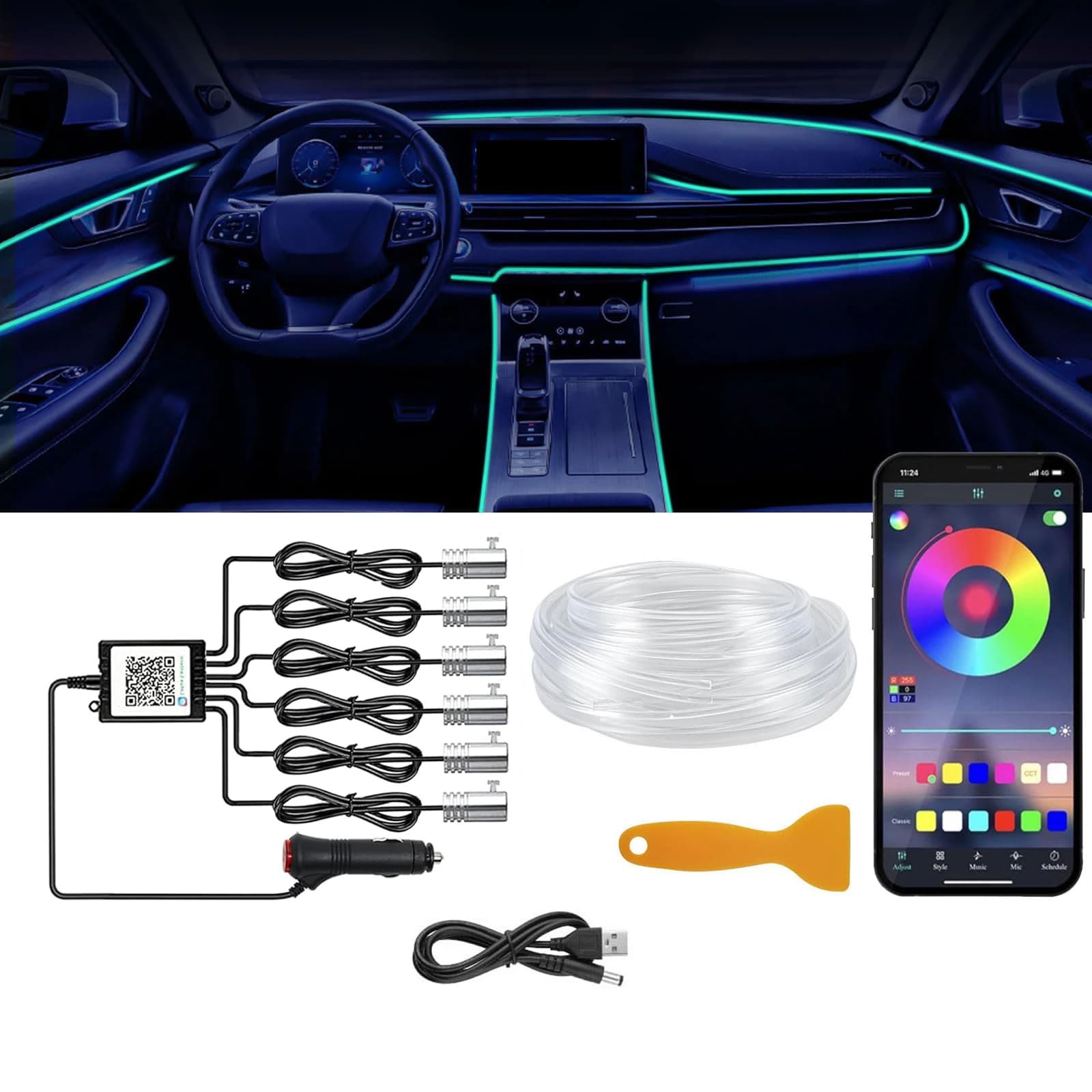 Cavo EL Flessibile Fai-da-Te, Luce al Neon 12V RGB, Striscia LED per Interni Auto, Controllo App, Lampada Decorativa per Atmosfera Ambientale