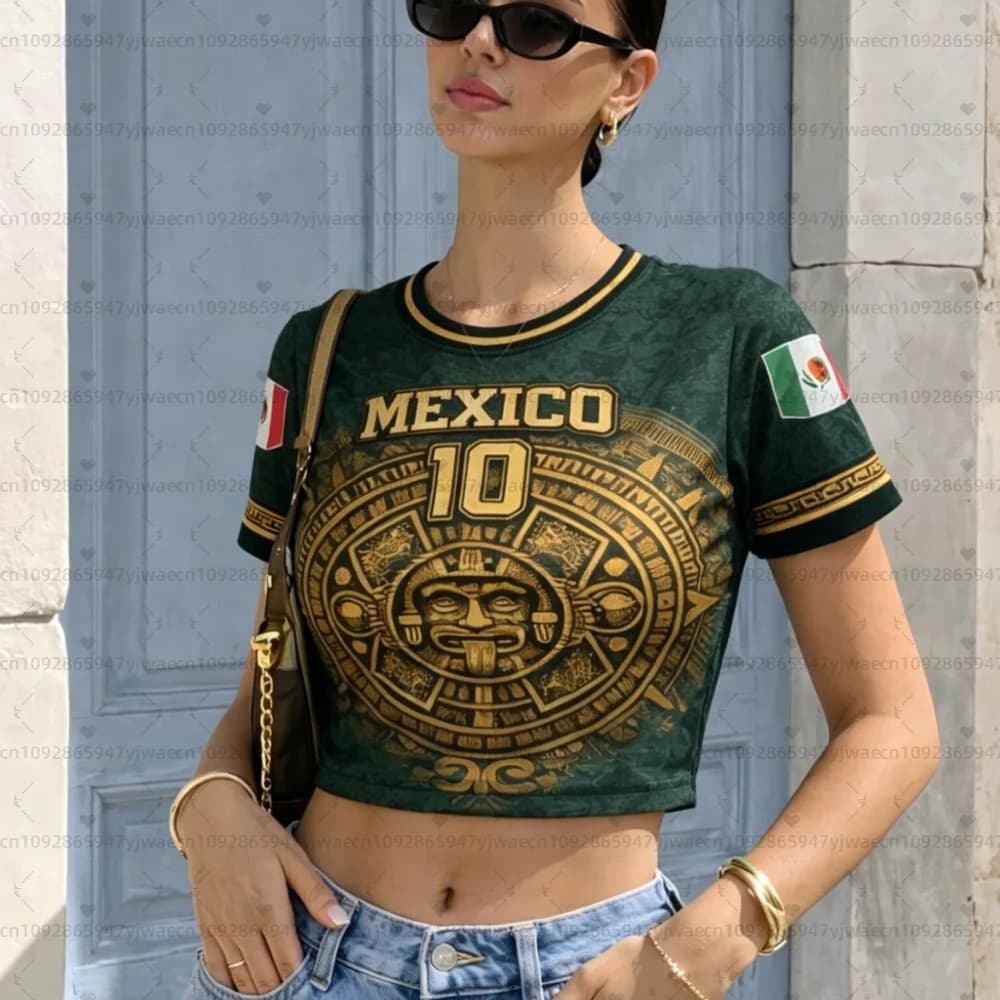 Maglia da calcio da donna con motivo 3D Messico 2026, top corto con bandiera messicana, t-shirt casual estiva streetwear per tifosi di calcio