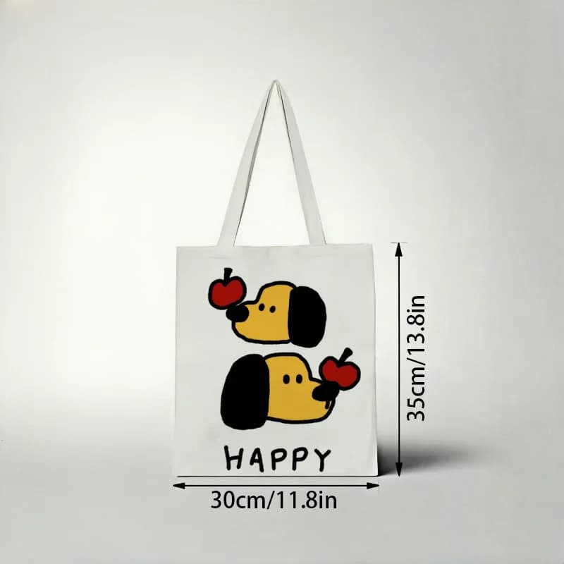 Borsa tote in tela Happy Apple Dog, 1 pezzo, borsa a tracolla casual ecologica con due teste di cuccioli disegnate a mano in stile minimalista e mele rosse