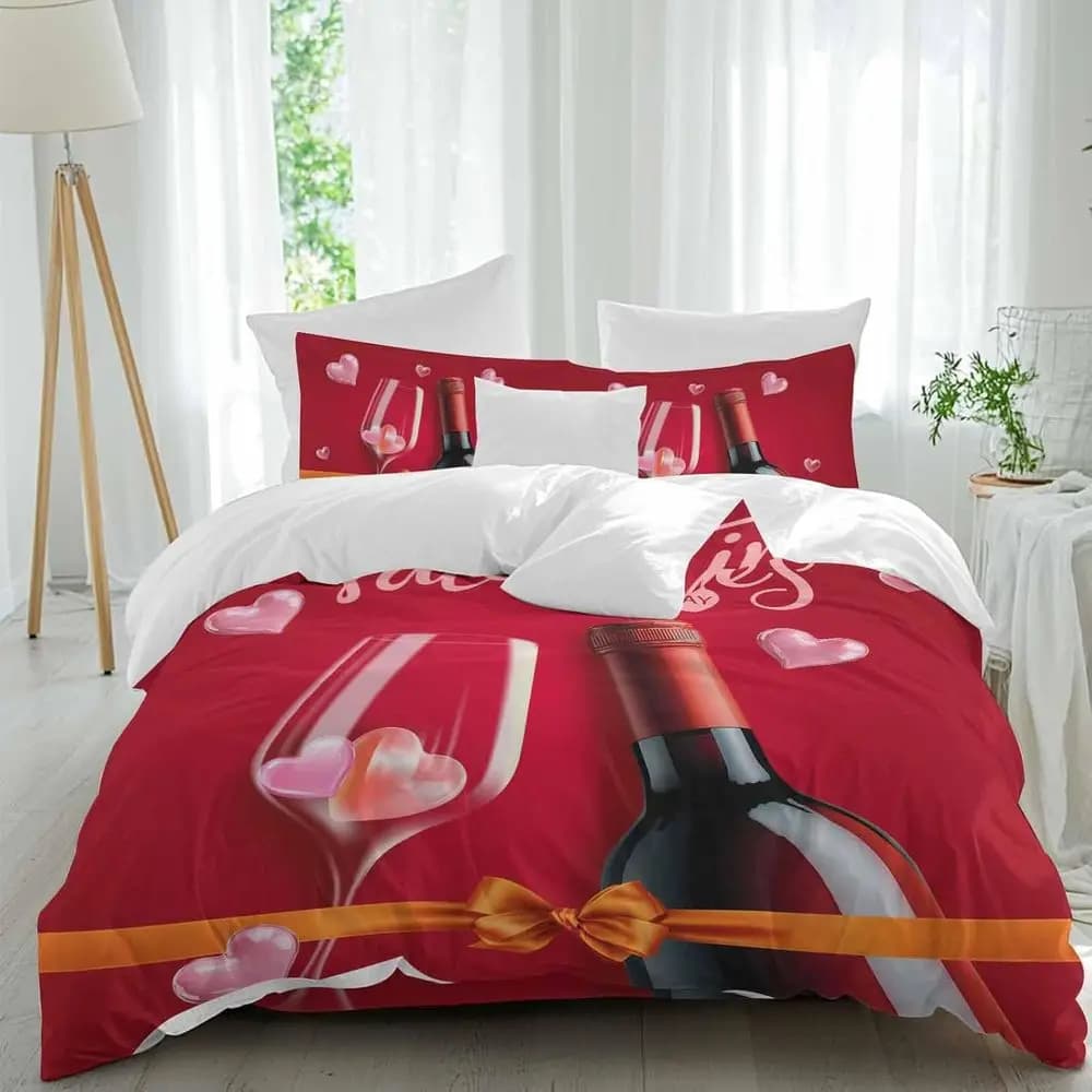Set di Lenzuola per San Valentino, Motivo Arancione con Fiocco e Cuori Rosa, Rosso Vino, 4 Pezzi, Set Copripiumino Traspirante