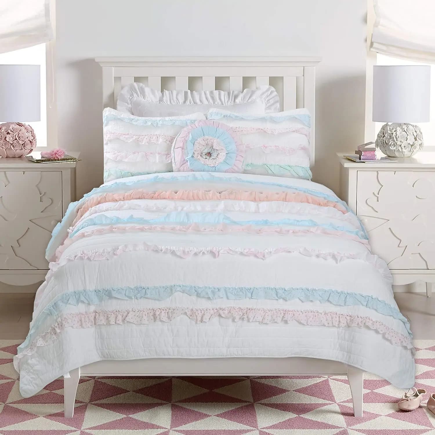 Set Copripiumino Reversibile in Cotone con Volant, Rosa Chiaro, Blu, Corallo e Bianco, Misura Singola