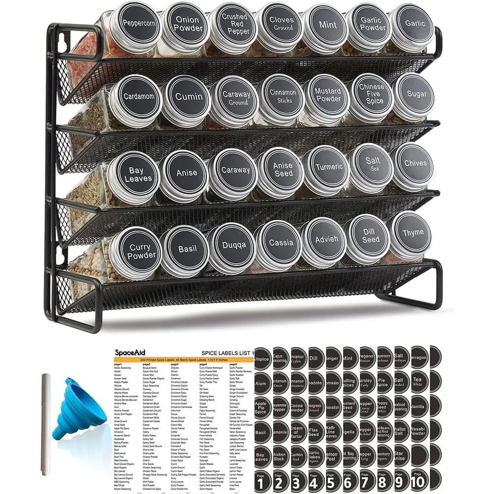 SpaceAid Organizer per portaspezie con 28 vasetti per spezie, 386 etichette per spezie, pennarelli per gesso e set di imbuti per armadietto, controsoffitto, dispensa,