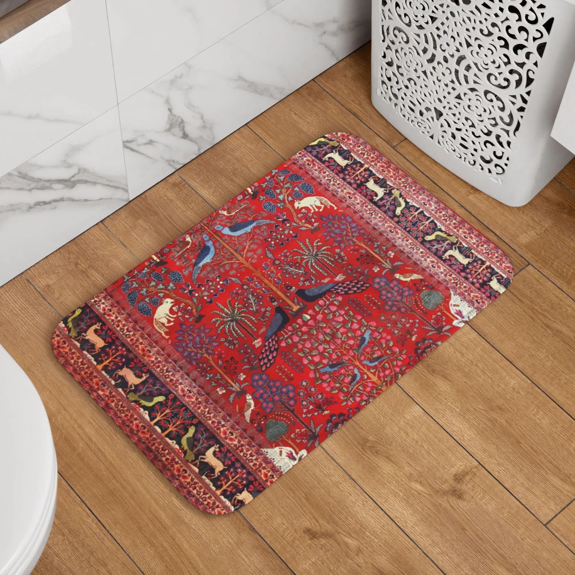 Tappeto Persiano Personalizzato con Albero della Vita e Animali, Zerbino Antiscivolo Boho per Bagno, Cucina, Camera da Letto, 40*60cm