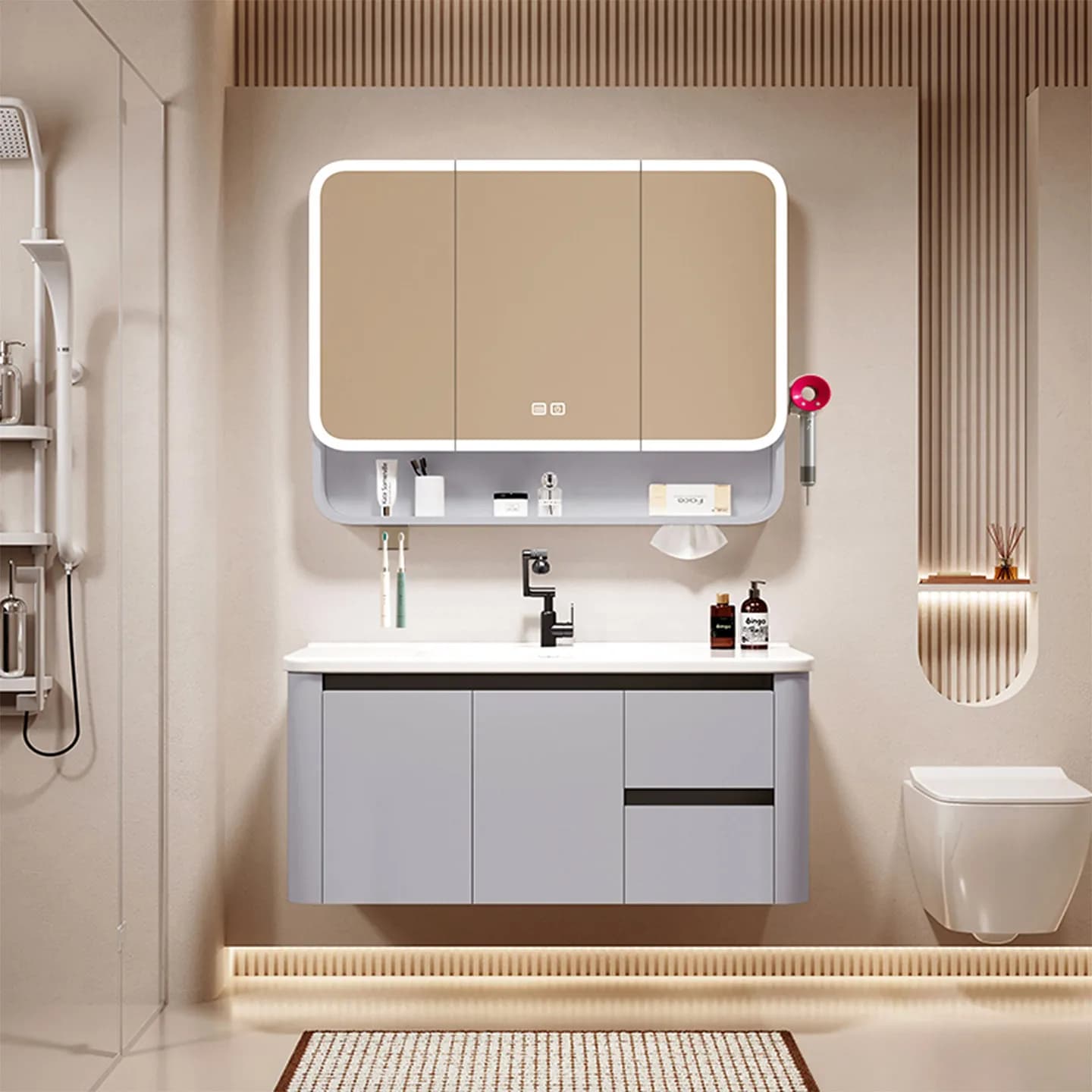 Mobile Bagno in Alluminio a Nido d'Ape Color Crema con Lavabo Integrato in Ceramica e Specchio Smart