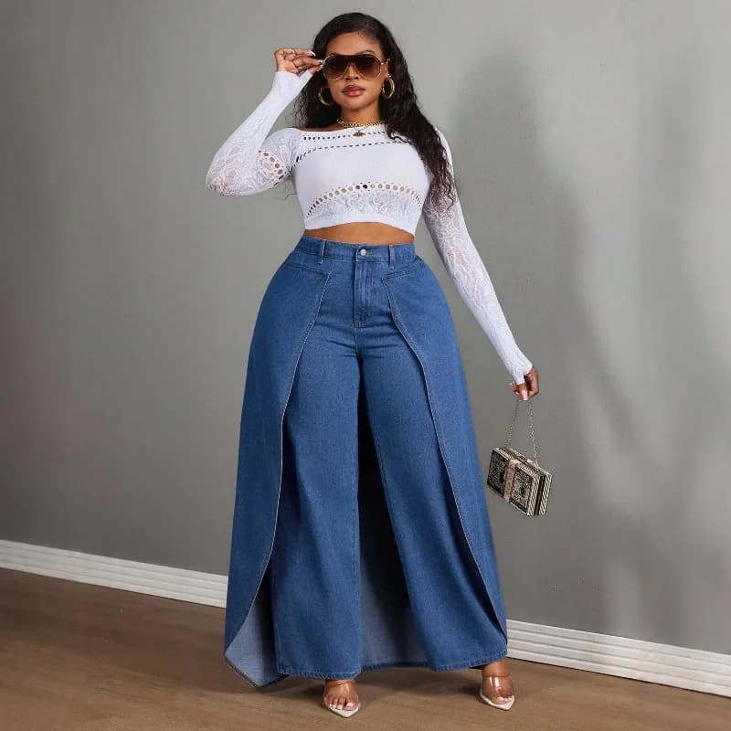 Plus Size High Waisted Spliced Wide Leg Jeans Women Stretch Denim Straight Leg Culotte Pants Casual Fashion Trend US New
