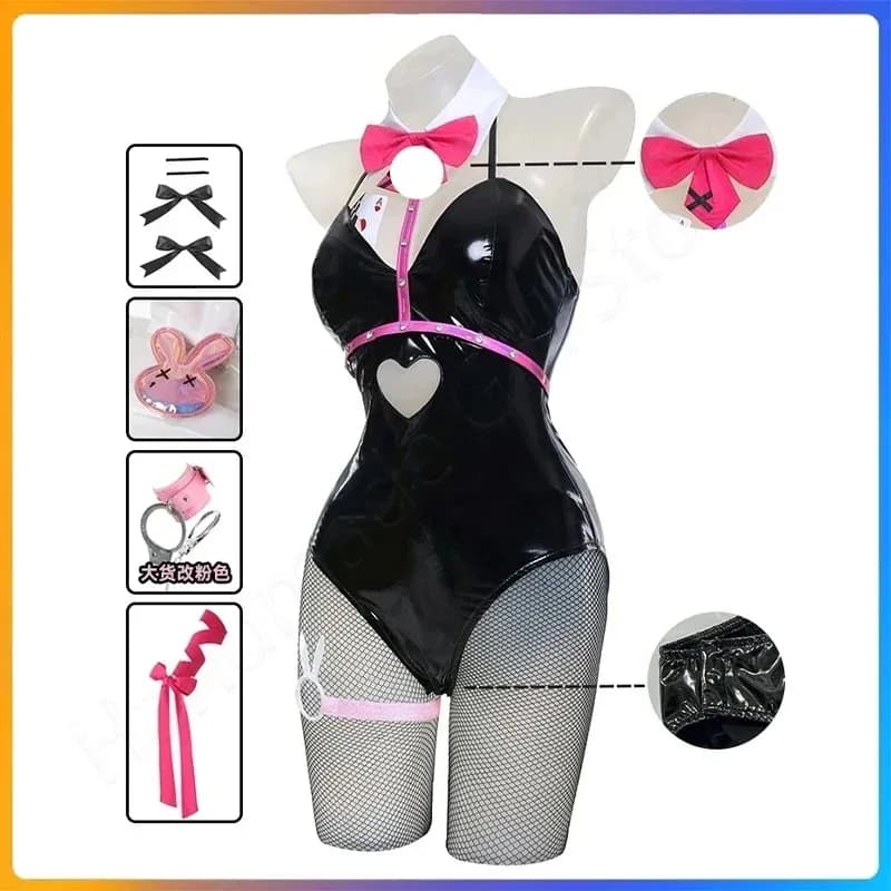 2025 Anime Miku Rabbit Black Leather Bunny Sexy Cute Halloween Cosplay Costumes String Dresses Wigx Girl;8's,6;