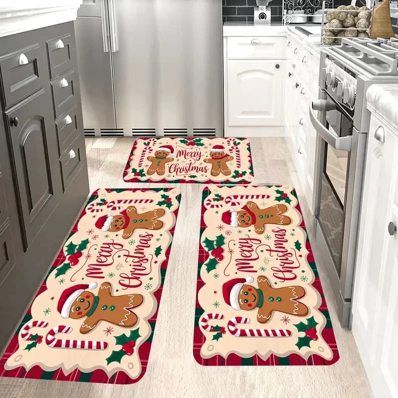 VIKAMA Cartoon Gingerbread Man Tappeto Morbido e antiscivolo Tappetino da cucina Tappetino per porta d'ingresso Buon Natale Decorazione della casa