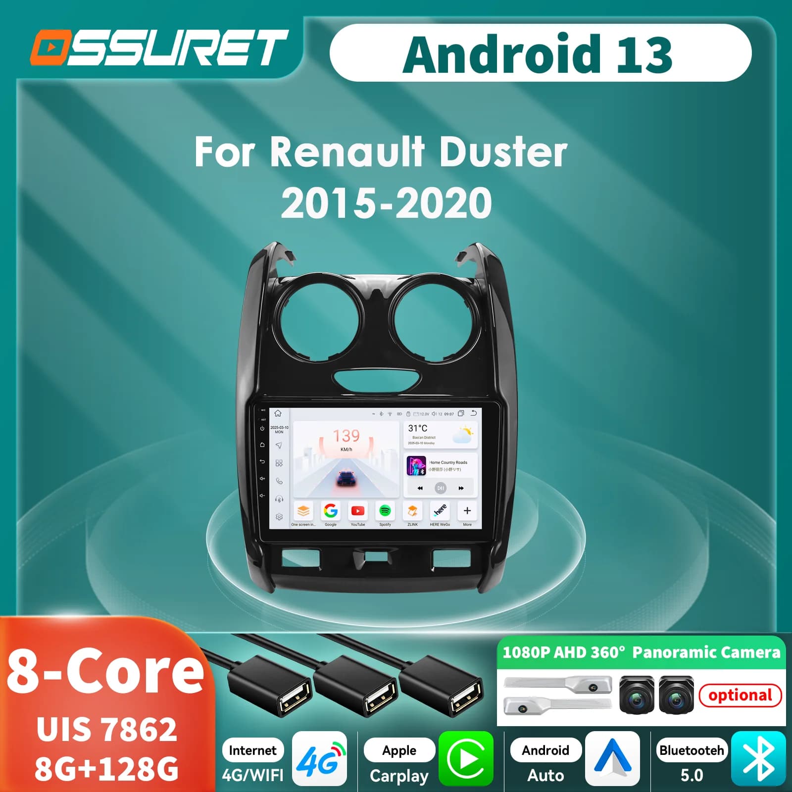 9 pollici Carplay Android Auto autoradio per Renault Duster 2015-2020 lettore multimediale auto sistemi intelligenti 360 schermo della fotocamera