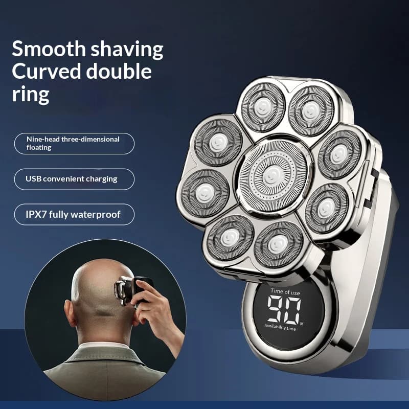 Rechargeable 9‑Blade Floating‑Head Electric Razor, 6‑in‑1 Multi‑purpose Grooming Shaver for Bald Head, Beard