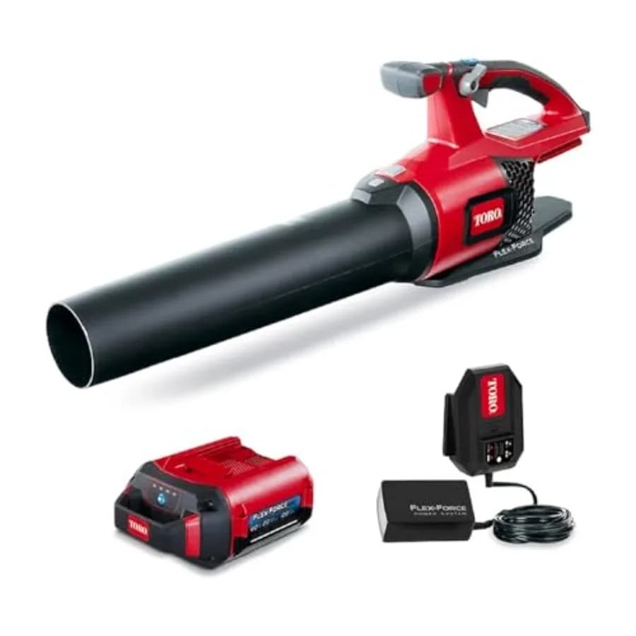 Soffiatore per foglie senza fili brushless da 60 Volt Max con batteria da 2.0 Ah e caricabatterie per la manutenzione del giardino, rosso e nero, ad alta efficienza A