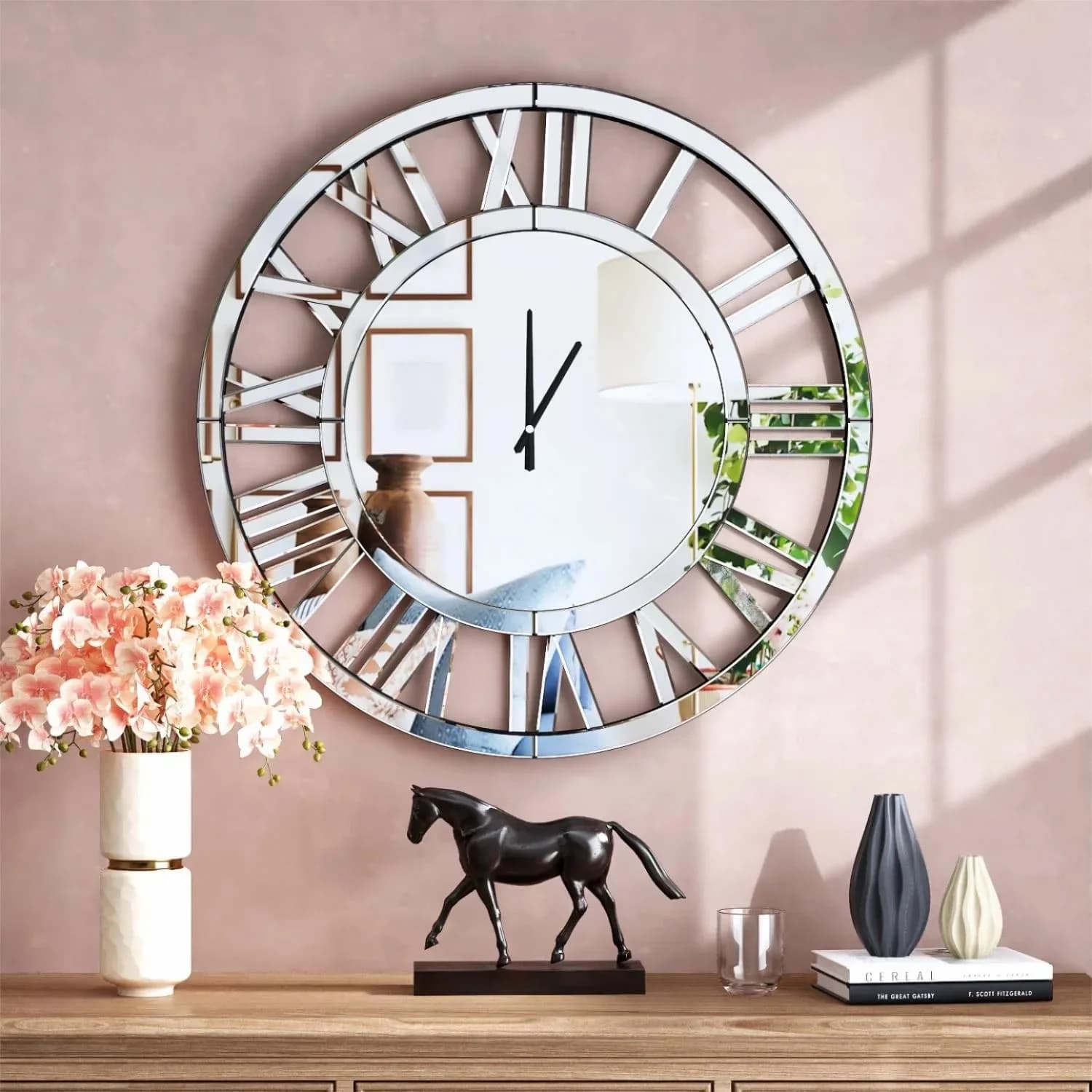 Orologio da Parete Moderno con Numeri Romani e Specchio Rotondo per Arredamento Casa