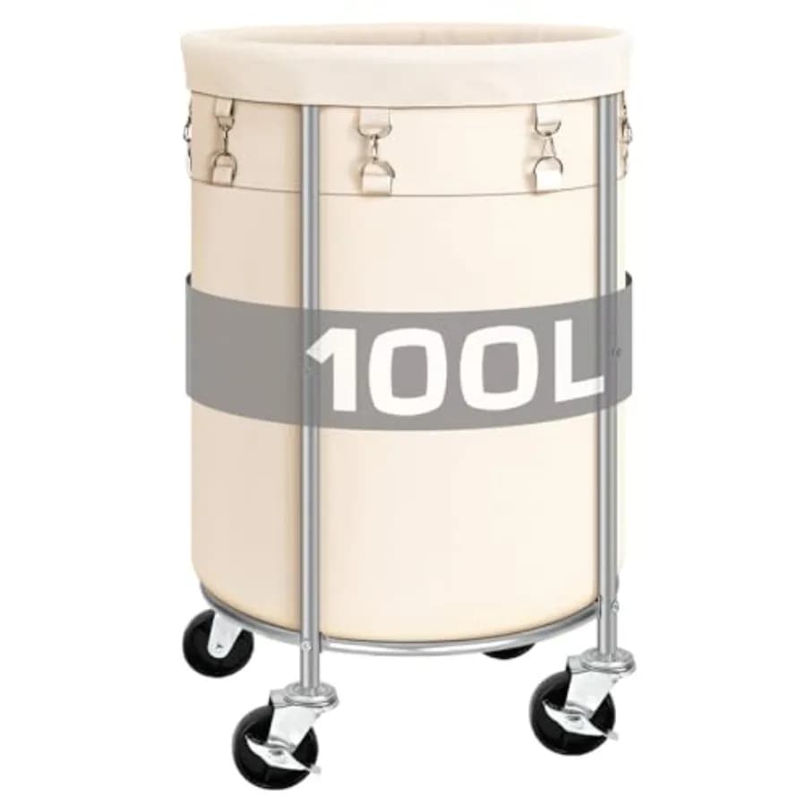 Basket Wallet with Wheels 100L, Round Basket for Carpet with Removable Bag, Organizing Trolley for Clothes with Steel Frame
