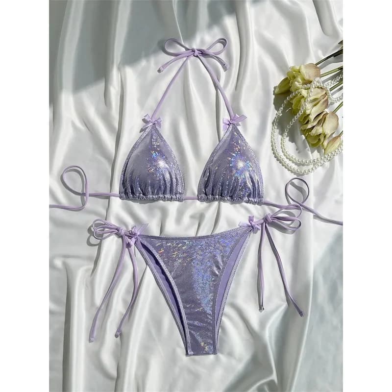 Shiny Pink Bikini Extrem String Backless Swimsuit Push Up Kawaii Bowknot Vacation Swimwear Women Micro Tangas Beach Bathing Suit