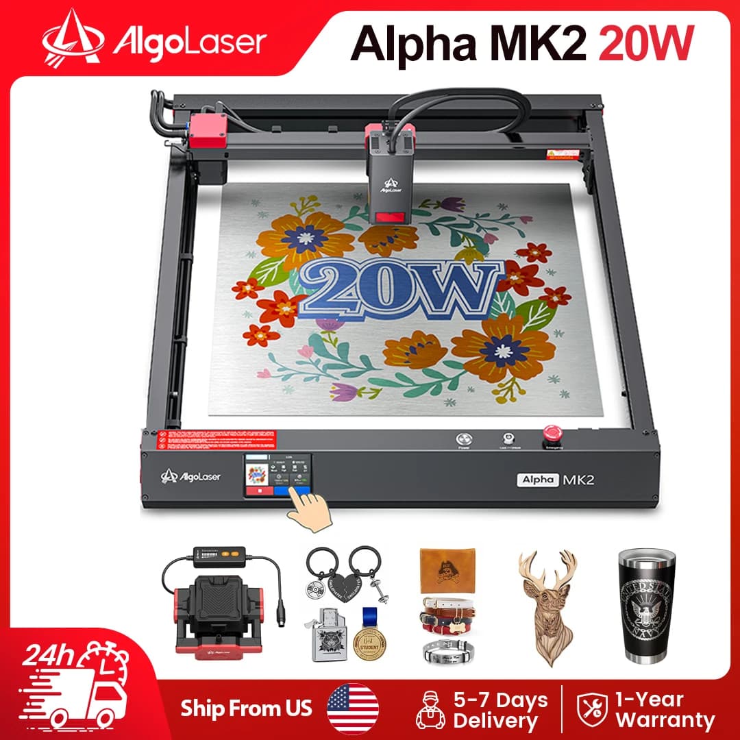 Algolaser Alpha MK2 20W Laser Engraver Cutter with Air Assist Kit 3.5 Inch Touchscreen AlgoOS Laser Engraving Machine for Wood Metal Glass Acrylic Leather DIY Craft Cutting Engraving