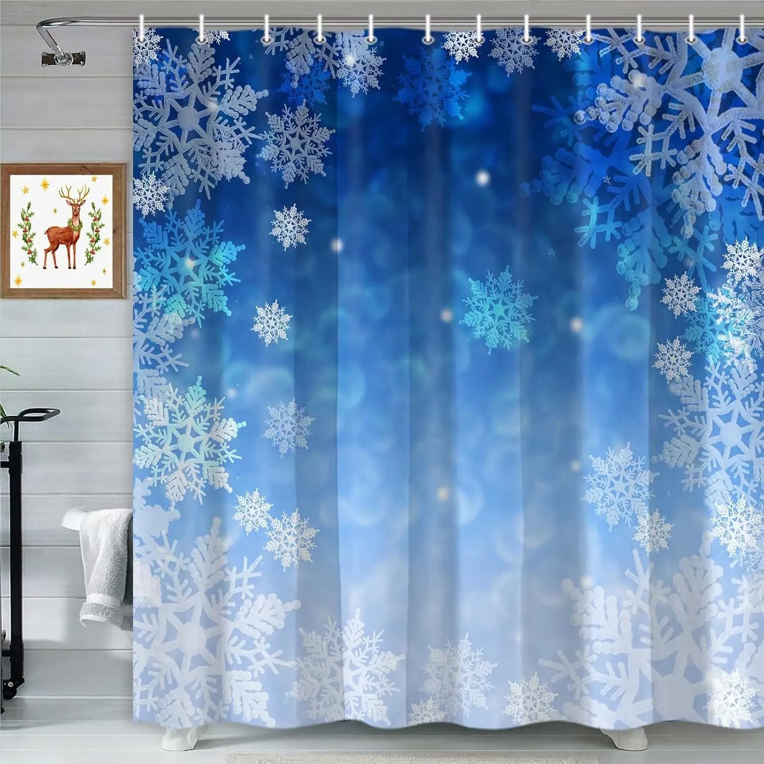 Tenda da doccia natalizia blu, set di tende da doccia con fiocchi di neve invernali con 12 ganci, tende da doccia in tessuto per decorazioni per la casa